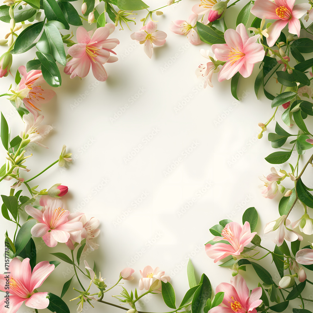 Spring and Summer seasonal flowers frame with copy-space for text for social media advertisement post. Beautiful realistic pink floral frame with petal in warm color tone on pastel beige background.