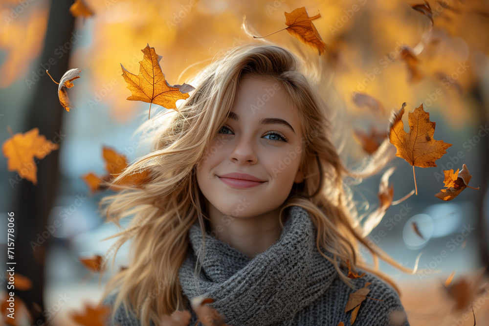 Radiant Blonde Beauty in Autumn: Close-Up Portrait of a Smiling Young Woman amidst Brown Leaves