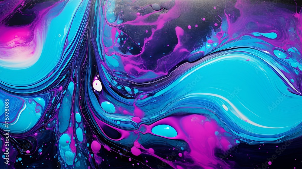 Electric neon teal violet and fuchsia acrylic pouring - obrazy, fototapety, plakaty 