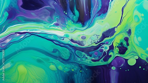 Electric teal violet and chartreuse glossy acrylic pours