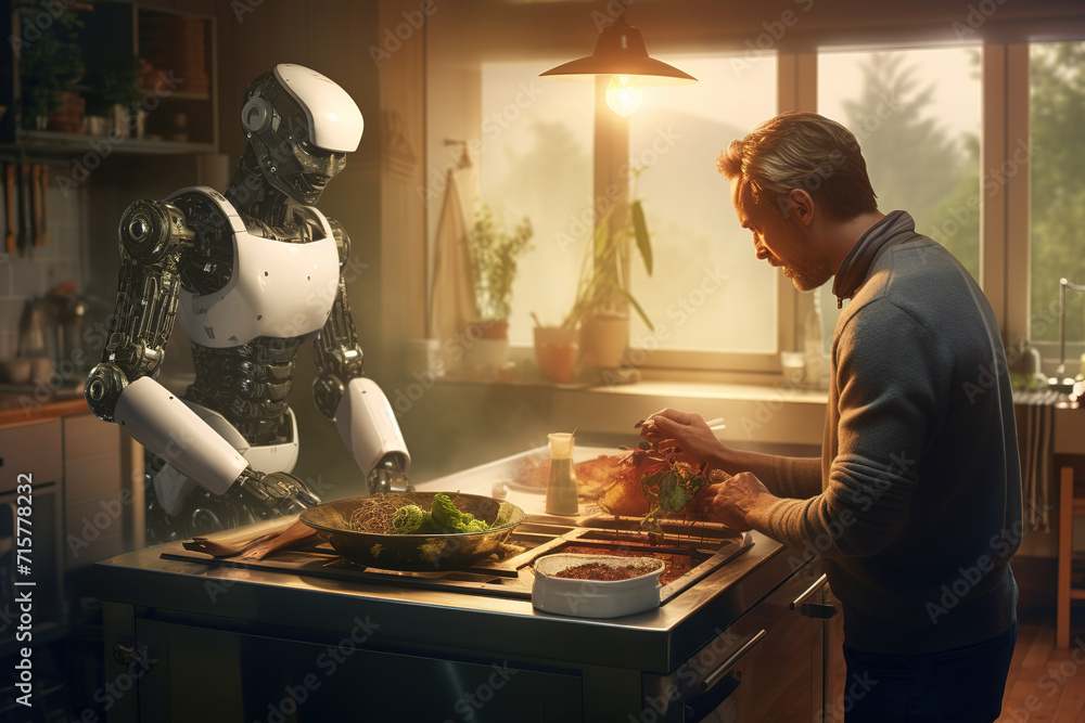 Roboter hilft beim Essen kochen in der Küche Roboter hilft beim Essen kochen in der Küche