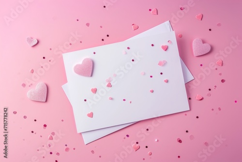 White close up valentine card among heart-shaped confetti on a pastel pink background. Concept of love letters for valentine's day, love anniversary wedding with copy space.
