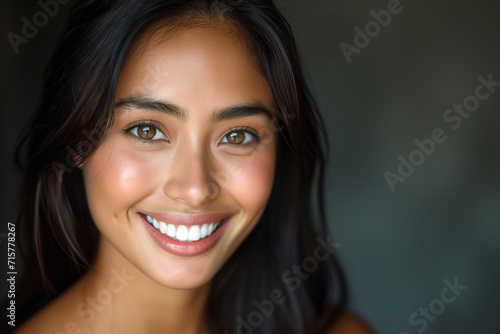 Radiant Multicultural Beauty: Close-Up Portrait of a Confident Asian-Caucasian Woman with Long Black Hair and Dazzling White Smile