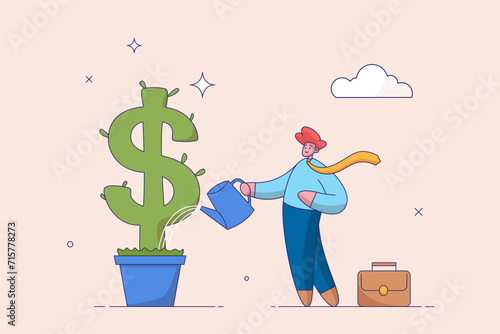 Income growth concept. Dividends yield investment, growing profit or stock market earning return, increase money or wealth, success investing, businessman investor watering growth dollar money plant.