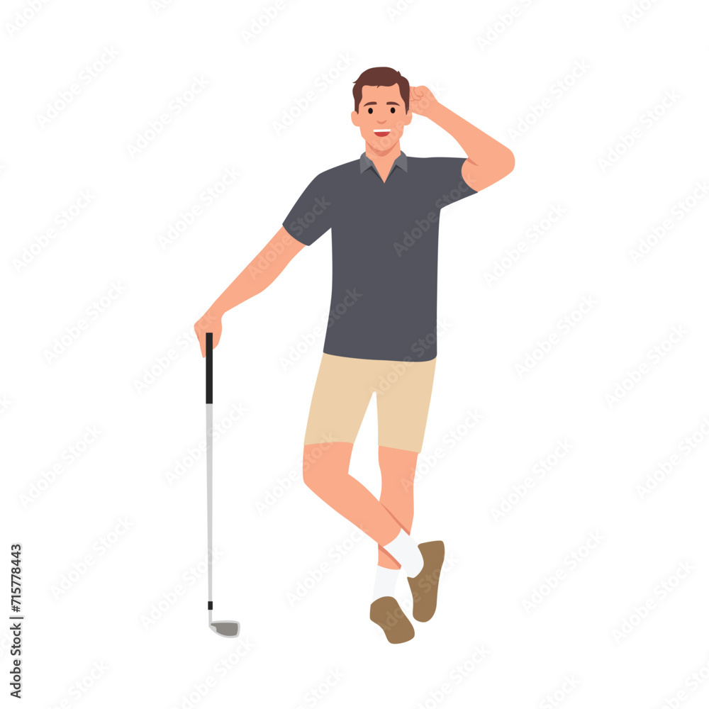 Male golfer holding a golf club and smiling. Flat vector illustration isolated on white background Male golfer holding a golf club and smiling. Flat vector illustration isolated on white background