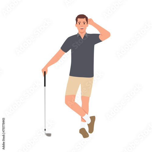 Male golfer holding a golf club and smiling. Flat vector illustration isolated on white background