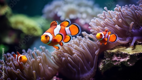 Clownfish. Beautiful group of clownfish swimming in anemone corals. Closeup of a family of orange clown fish in the ocean. AI generated image of a bright anemone fish in a coral reef.