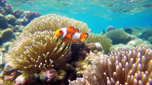 Clownfish. Beautiful clownfish swimming in anemone corals. Closeup of an orange clown fish in a coral reef . AI generated image of a bright anemone fish in swimming in the ocean.