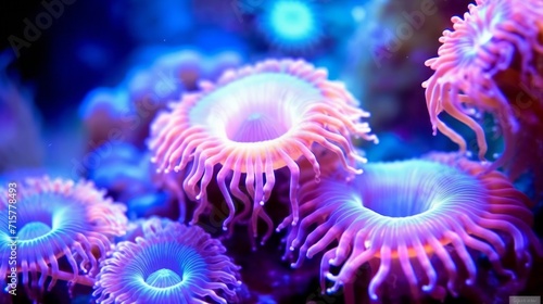 Purple polyps underwater. Beautiful coral reef with purple polyps. Bright purple polyps growing in clear ocean water on a reef. Underwater world of corals in sunlight