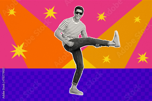 Photo collage picture young guy celebrating holiday event friday nightclub party dancing have fun stars sparkling drawing background photo