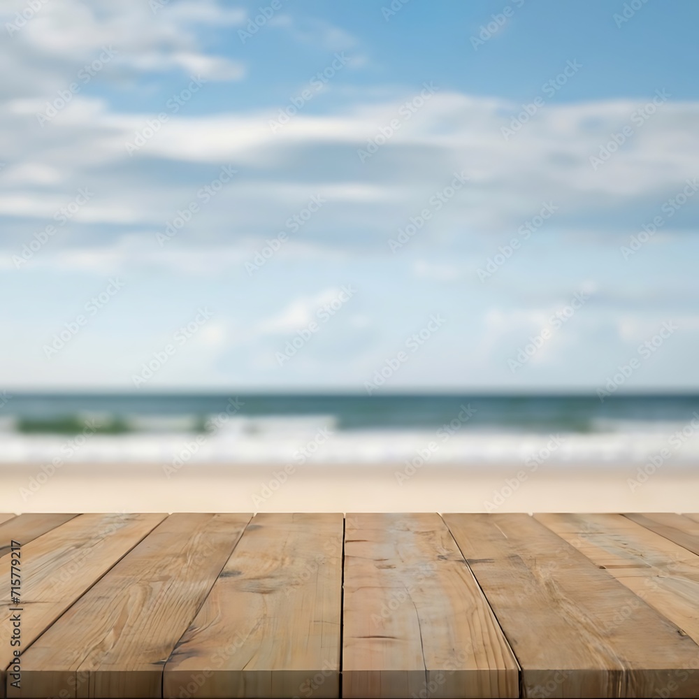 empty wooden table for product showcasing and presentation, Blurred beach area, beach background, sea background, with bokeh background Generative AI empty wooden table for product showcasing and presentation, Blurred beach area, beach background, sea background, with bokeh background Generative AI