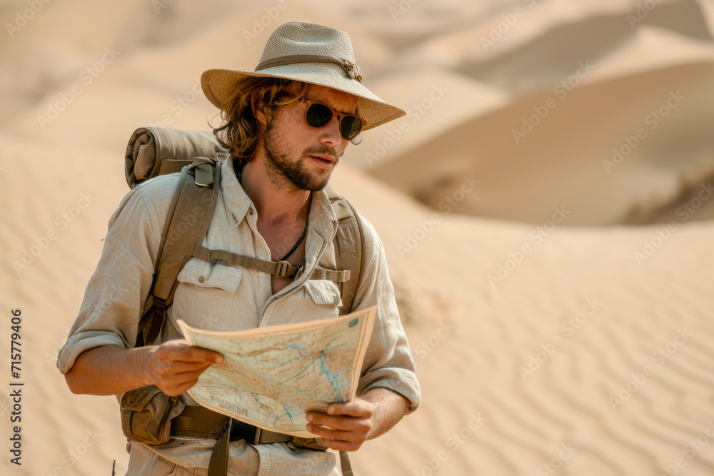 A male explorer dressed in light brown linen shirt, khaki pants, a wide-brimmed hat, and sunglasses, walking in a vast desert landscape with rolling dunes.  looks at a map, 