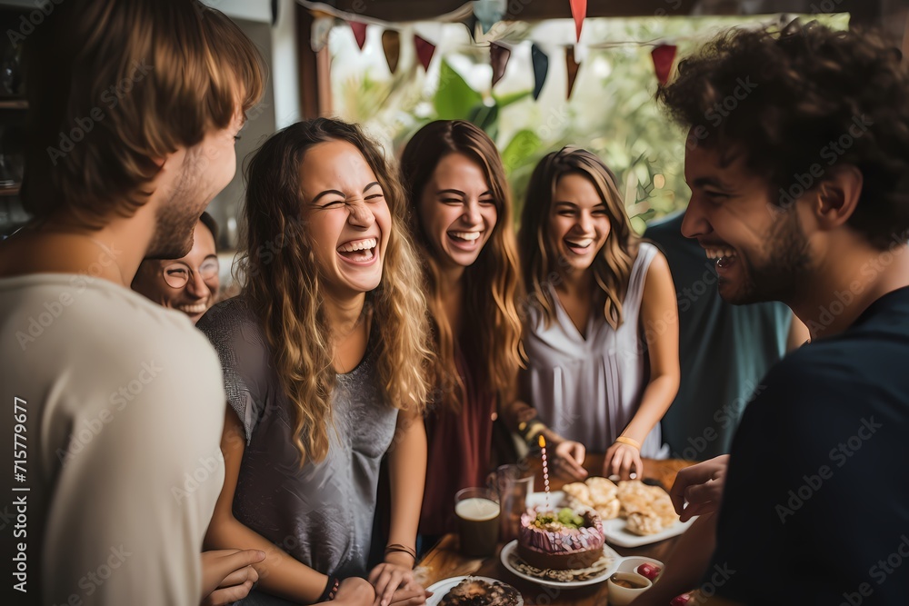 A group of friends playing party games, laughter filling the air as they celebrate a birthday together.