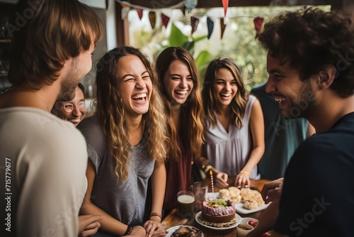 A group of friends playing party games  laughter filling the air as they celebrate a birthday together.