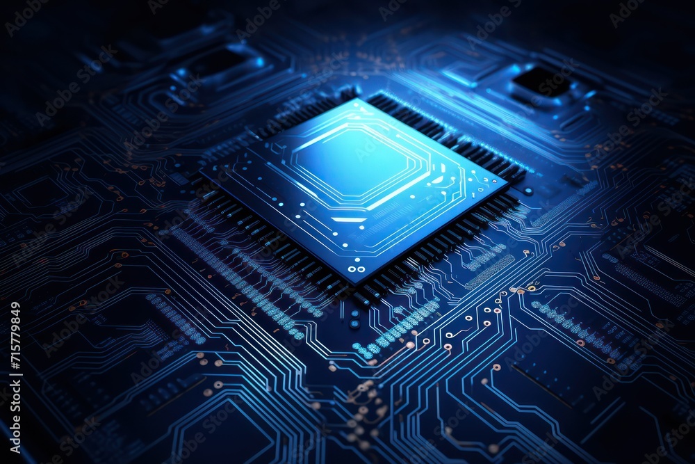 Close-up view of illuminated blue circuit board with processors Close-up view of illuminated blue circuit board with processors