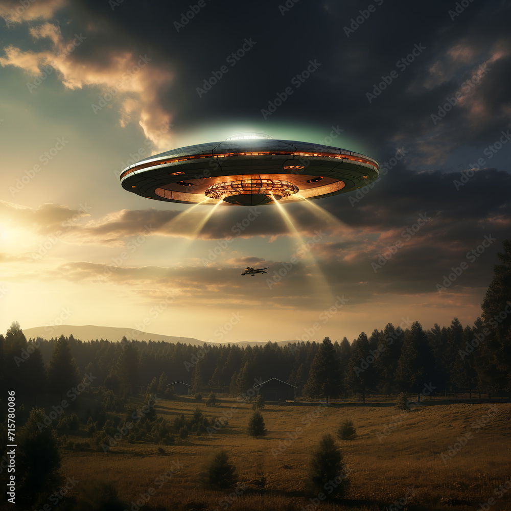 luminous unidentified flying object hovering in the air above the ground against the background of a gloomy dark sky, UFO luminous unidentified flying object hovering in the air above the ground against the background of a gloomy dark sky, UFO