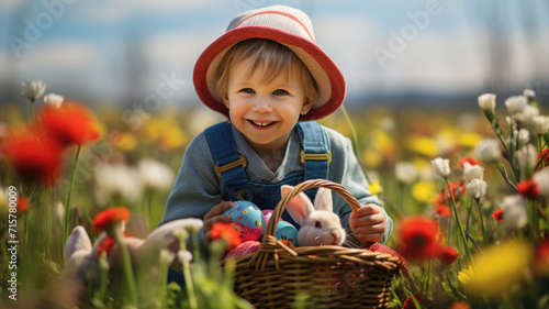 Happy child with basket of colorful Easter eggs in sunny field, eggs hunting