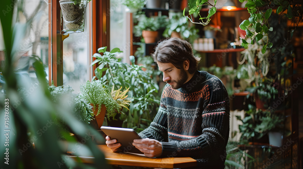 Casual Sweater Style: Man Engrossed in Digital Tablet at Cafe with Urban Background Casual Sweater Style: Man Engrossed in Digital Tablet at Cafe with Urban Background