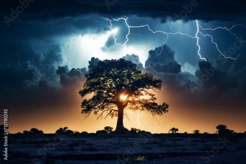 A thunderstorm illuminates the sky over a tree. Generative AI photo