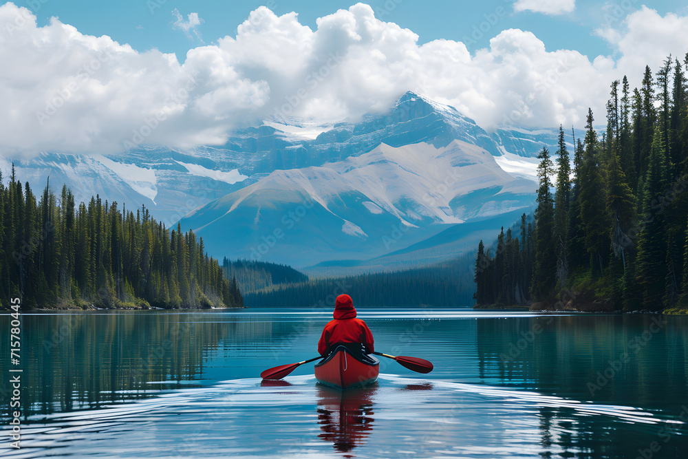Red Parka Canoeing: Reflections on Still Waters, Snow-Capped Beauty