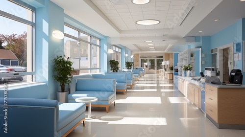 Hospital corridor with empty reception clinic and unfocused light blue white background
