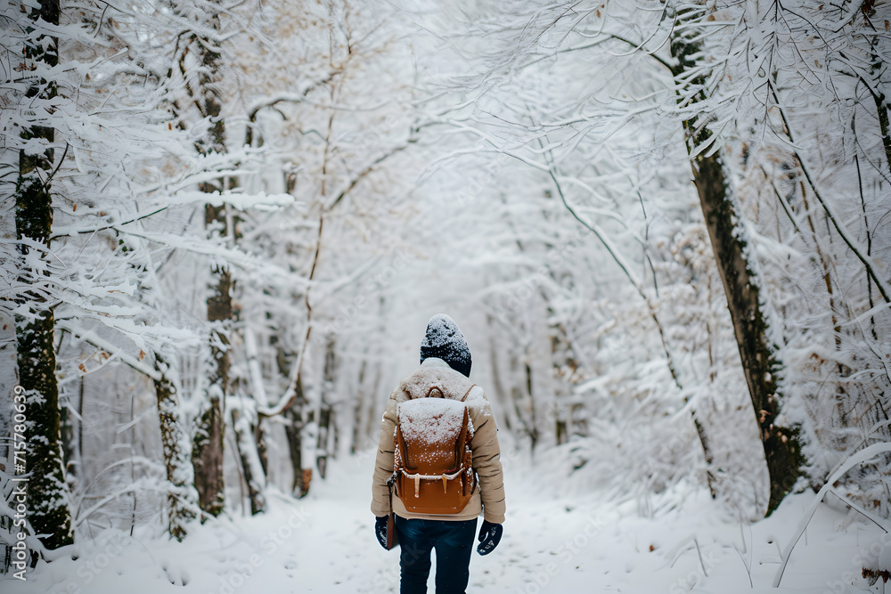 Serene Snowy Forest: Back View of Person in Winter Landscape