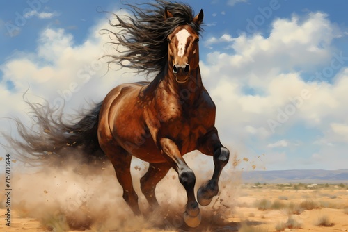 A majestic wild mustang galloping freely across the open plains of West Texas, embodying the spirit of untamed freedom.