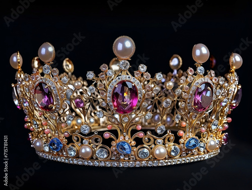 Opulent Royal Crown - Intricate Golden Metalwork with Sparkling Gemstones and Pearls, Perfect for Luxury Branding, Concept of Royalty and Wealth