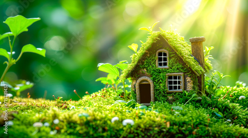 Miniature house made of natural materials among greenery on bokeh background.