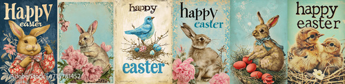 Set of vintage antique style Happy Easter holiday greeting cards, ephemera Easter eggs with cute birds, bunnies and flowers