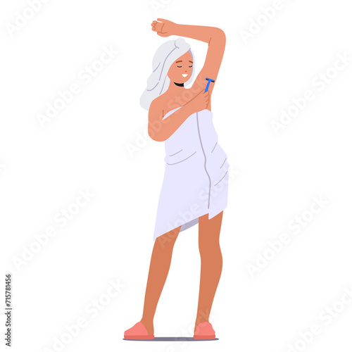 Woman Meticulously Shaving Her Underarms. Female Character Carefully Gliding The Razor For Smoothness, Vector