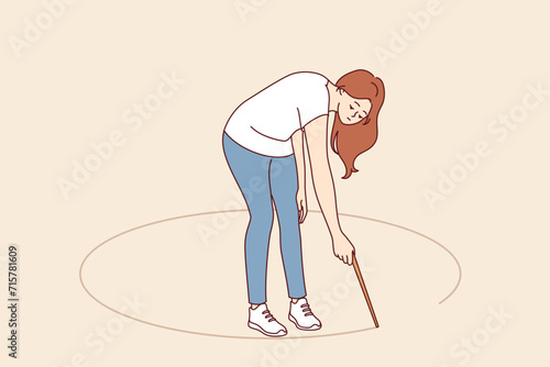 Woman draws comfort zone around herself to get rid of unwanted contacts and protect peace of mind. Lonely young girl experiences mental anguish due to fear of leaving comfort zone.