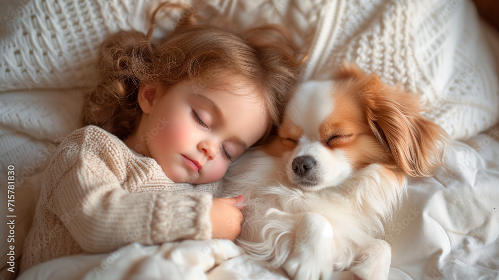 A sweet little girl sleeps with her dog in her bed.