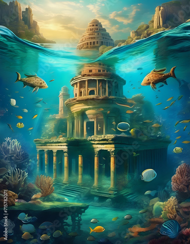 A surreal underwater world with ancient ruins and mysterious sea creatures, submerged civilization, enigmatic. AI Generativ