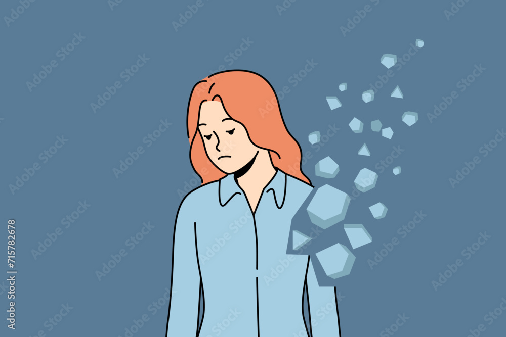 Woman with collapsing inner world needs help of psychotherapist and stands near flying fragments of own body. Concept of destruction of human soul caused by lack of moral guidelines in society Woman with collapsing inner world needs help of psychotherapist and stands near flying fragments of own body. Concept of destruction of human soul caused by lack of moral guidelines in society