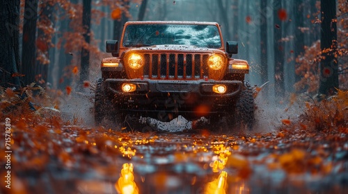 Off road car in a forest on a rainy day, generative ai