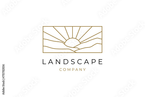 elegant hipster gold sun sunset sunrise with mountain hill landscape logo icon vector in trendy line linear outline
