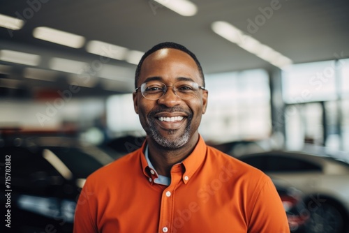 Smiling African American man in car dealership showroom