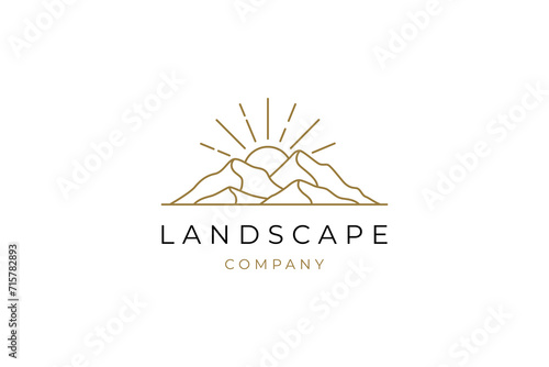 elegant hipster gold sun sunset sunrise with mountain hill logo icon vector in trendy line linear