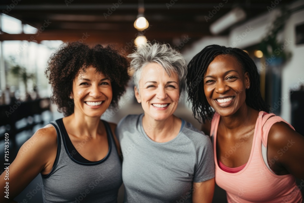 Group portrait of smiling middle aged body positive women