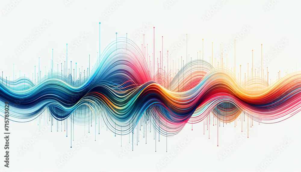 abstract of colorful flowing wave lines resembling frequency waves or sound curves on a white background. - obrazy, fototapety, plakaty 
