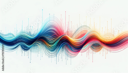 abstract of colorful flowing wave lines resembling frequency waves or sound curves on a white background. photo