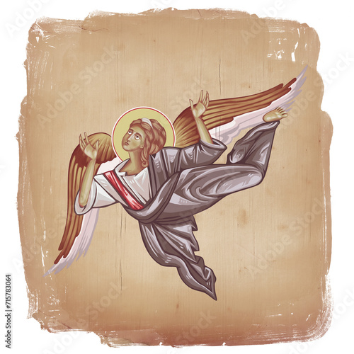 An angel in pastel colors. Christian illustration in Byzantine style isolated