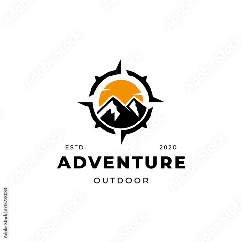 hipster badge adventure outdoor logo with Compass and mountain design concept
