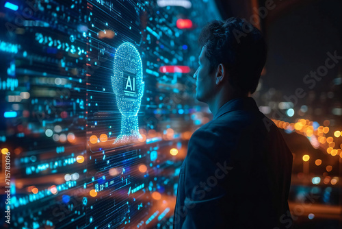 A business man watching AI hologram  futuristic and technology look. Artificial Intelligence concept.