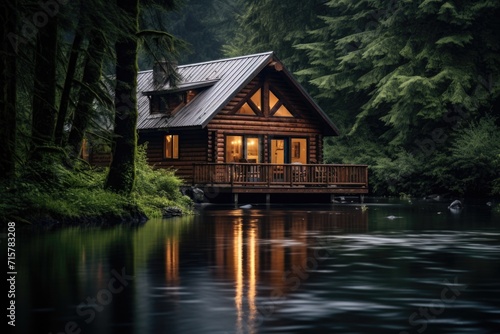 Secluded log cabin on stilts by a forest river