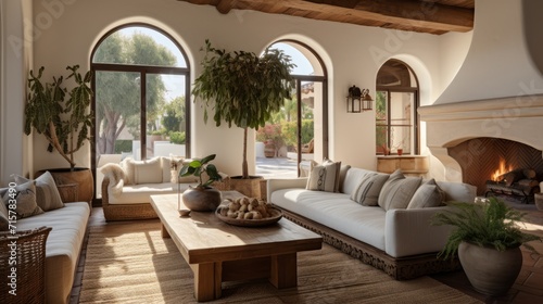 mediterranean space adjacent to the kitchen, called a living room, incorporates soft neutrals, wood beams, and a gorgeous grouping of swivel yellow fabric chairs in beautiful home interior design idea © VERTEX SPACE