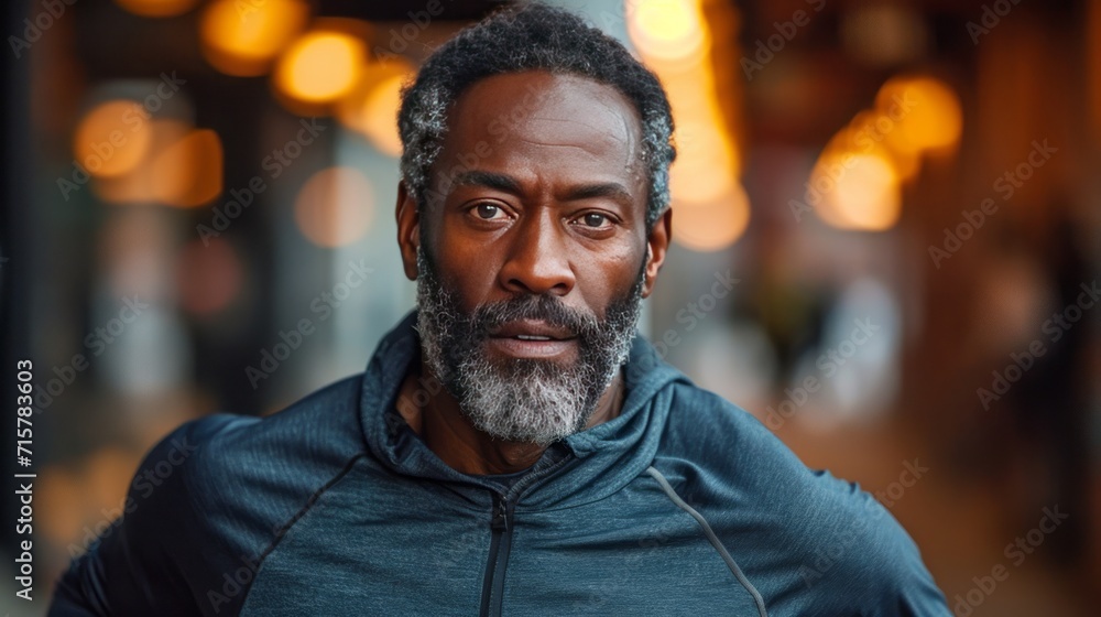 Portrait of a middle-aged black man while running inside a gym generative ai Portrait of a middle-aged black man while running inside a gym generative ai
