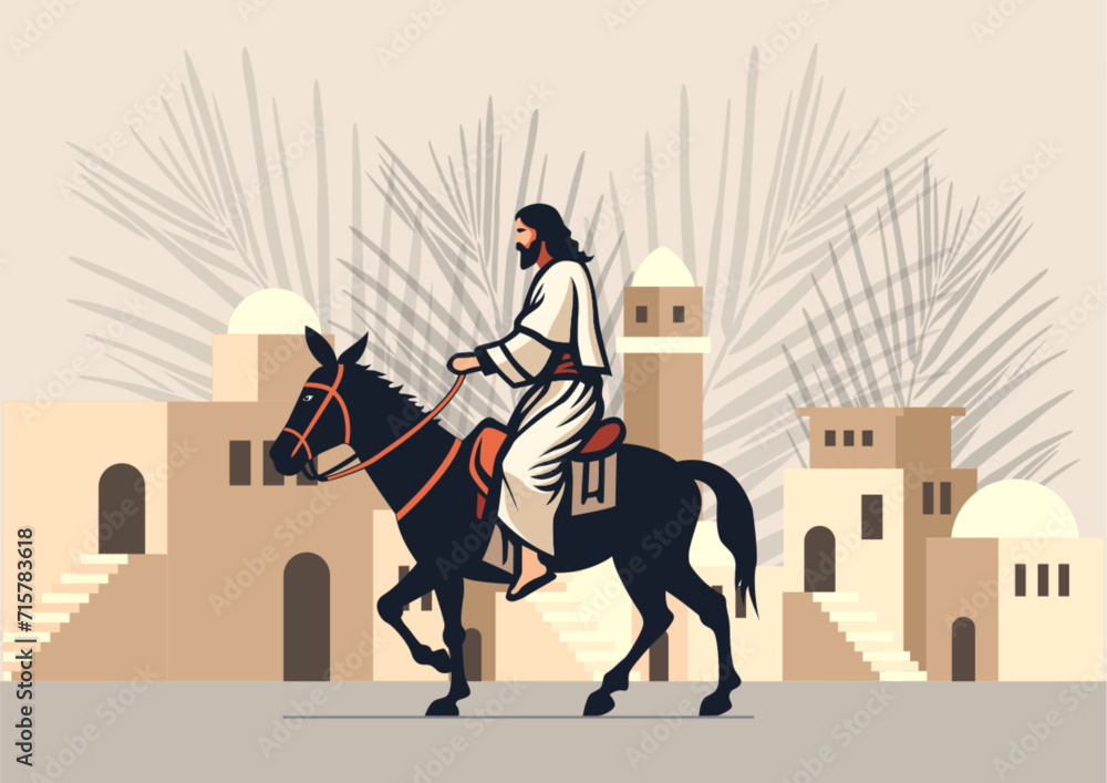 Fototapeta premium Jesus Christ riding a donkey and entering Jerusalem