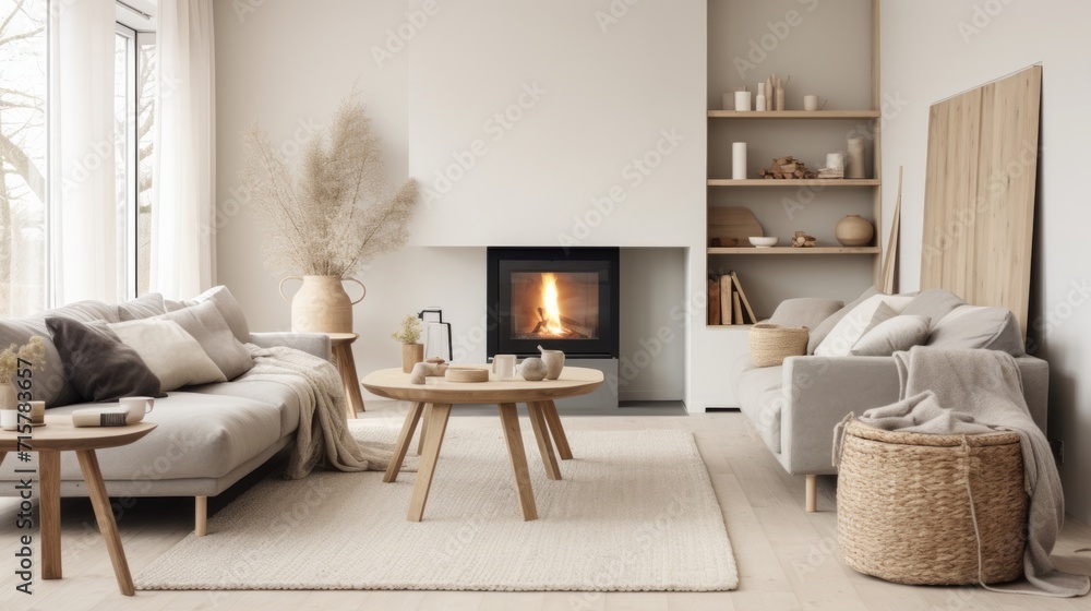 eco friendly home interior with warmth depth and dimension to any space creating an inviting atmosphere. Natural fibers like wool linen cotton bringing a sense of sustainability living room interior - obrazy, fototapety, plakaty 